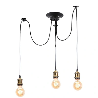 Imagen de iDEGU Lámpara Colgante Retro, 3 Luces de Araña DIY Iluminación E27 con Cables 150cm Regulable Negro Techo Vintage para Salón Dormitorio Comedor Restaurante (3 Foco, Latón)