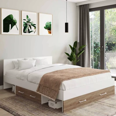 Imagen de lit double 140x190 façon hêtre et blanc avec rangements tête de