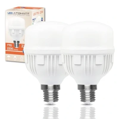 Imagen de LED ATOMANT Pack 2x Bombilla E27 T70 22W, Color Blanco Frio (6500K), 2330 Lumenes, Equivalente a 230W tradicional