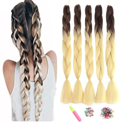 Imagen de ShowJarlly 5 Piezas Ombre Jumbo Braid Pelo Sintético 24 Pulgadas 500g Kanekalon Extensiones de Trenzado Cabello Para Ganchillo (5PCS, B39#Marrón/Blanco cremoso)