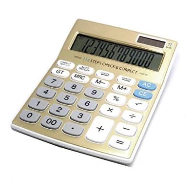 Imagen de Meichoon Calculadora Oficina/Hogar de Escritorio con Función Estándar, Batería Solar Doble Potencia Pantalla LCD Grande 12 Dígitos Básica, Diseño Elegante, Dorado KA05