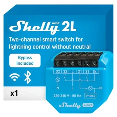 Imagen de Shelly 2L Gen3 Con Bypass Interruptor Inteligente WLAN, 2 Canales, Alexa, Google Home, No Requiere Concentrador, Mando A Distancia, Conductor Neutro, Montaje Empotrado