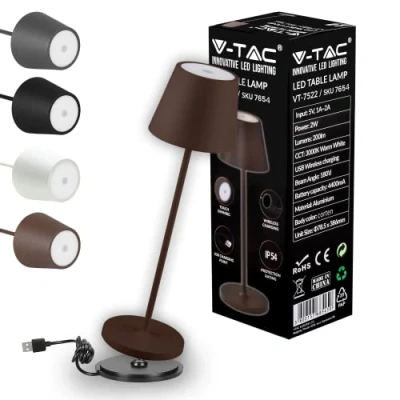 Imagen de V TAC Lámpara de Mesa Inalámbrica LED Regulable con Controles Táctiles Marrón para Interiores y Exteriores Hogar o Restaurante Batería 4400 mAh Luz Blanca Cálida 3000K