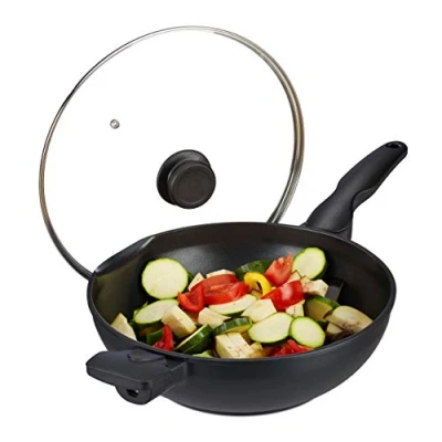 Imagen de Relaxdays Sartén Wok con Tapa de Cristal 30 cm, Asas, Revestimiento Antiadherente, Inducción, Gas y Eléctrica, 4L, Negro