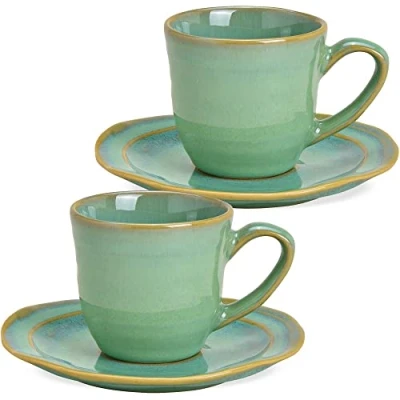 Imagen de Juego de 2 tazas café con platillo, color verde en estilo rústico, cerámica excepcionales 90 ml, modernas aptas para lavavajillas y microondas como regalo