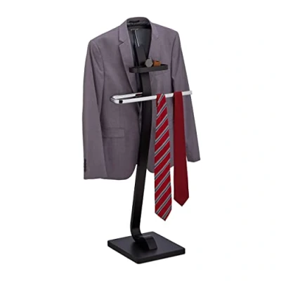 Imagen de Relaxdays Galán de Noche con Balda Reloj, Mozo Ropa Chaqueta y Pantalón, 112x46x32 cm, Colgador Traje, Negro Plateado, Tablero Fibras, 112 x 46 32 cm
