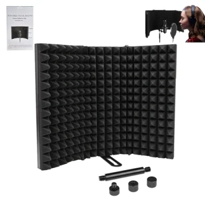 Imagen de Locisne Escudo Aislamiento Micrófono,Micrófono Estudio Plegable, Abrir 180 Grados Reflector Espuma Absorbente Sonido Profesional para Soporte Mesa Sobremesa Equipo Grabación Micrófono