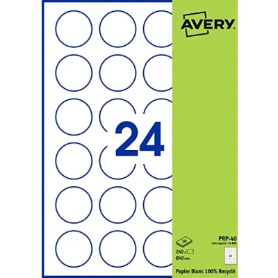 Imagen de Avery etiquetas adhesivas redondas de 40 mm, paquete 240 unidades, papel blanco reciclado, personalizables, imprimibles Laser/Jet tinta y copiadora,
