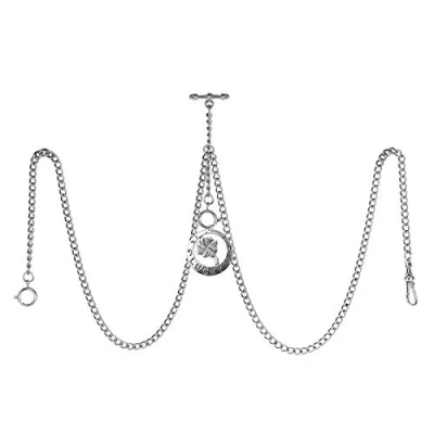Imagen de TREEWETO Reloj de bolsillo con cadena doble Albert para hombre, 3 ganchos colgante trébol cuatro hojas Antiguo la suerte, barra en T, plata,