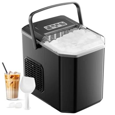 Imagen de Máquinas para Hacer Hielo Portátil con Mango, Maquina de Encimera, Equipado Pala Puede Colocar Boca Abajo, Tamaño S/L 9 Cubitos Hielo/6 10min, 12Kg/24h, Usar en Fiesta/Camping