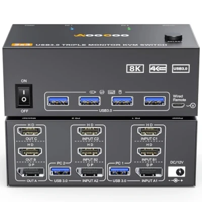 Imagen de Triple Monitor KVM Switch HDMI DP 8K@60Hz/4K@144Hz, 3 Para 2 PC que comparten monitores y 4 concentradores USB 3.0, controlador de escritorio cables incluidos