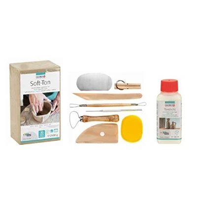 Imagen de Glorex 6 8075 299K Set para creativos Blanda de 2500 g en Blanco endurecible al Aire o por cocción sellador Arcilla 100 ml y un 8 Piezas con Resistentes, Clay, White