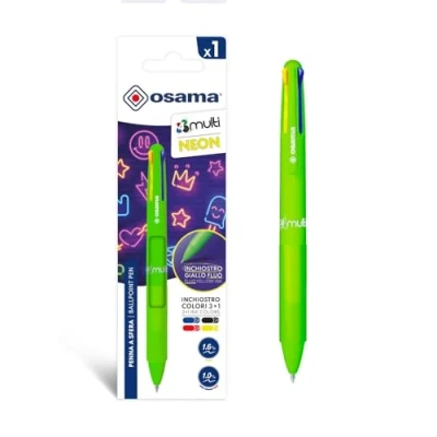 Imagen de OSAMA 4 Multi Neon Bolígrafo multicolor de bola 1,0 mm, bolígrafos colores, colores personalizados, tinta negra, azul, rojo y amarillo neón (mina 1,6 mm), papelería escolar universidad