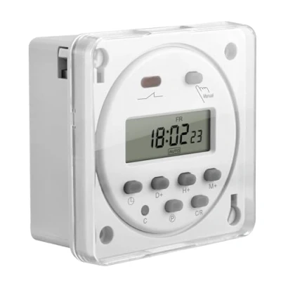 Imagen de Heschen Interruptor de relé programable semanal con temporizador digital LCD, CN101A, DC12V 16 A, SPST, cubierta impermeable, color blanco