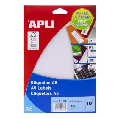 Imagen de APLI 1878 Etiquetas A5 blancas 42,0 x 74,6 mm 15 hojas