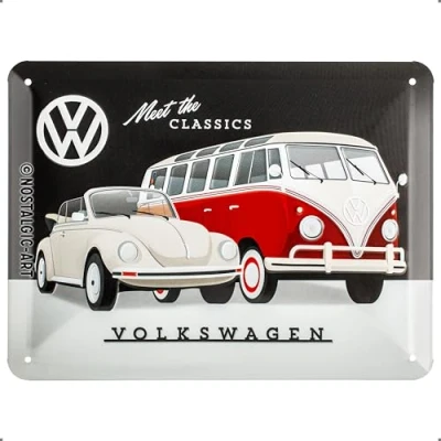 Imagen de Nostalgic Art Cartel de chapa retro VW Meet The Classics Idea regalo furgoneta Volkswagen, metálico, Diseño vintage decorativo, 15 x 20 cm