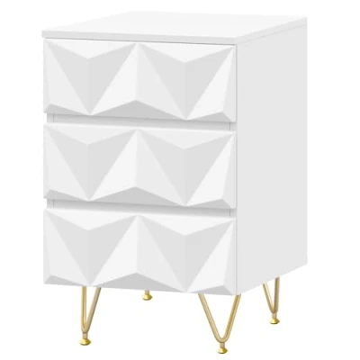 Imagen de EUGAD Mesita de Noche con 3 Cajones Efecto 3D, Mesilla Dormitorio Elegante y Moderno, Mesa Auxiliar Salon Patas Metal, 40x40x62,5 cm, Blanco+Dorado, 0004CTG