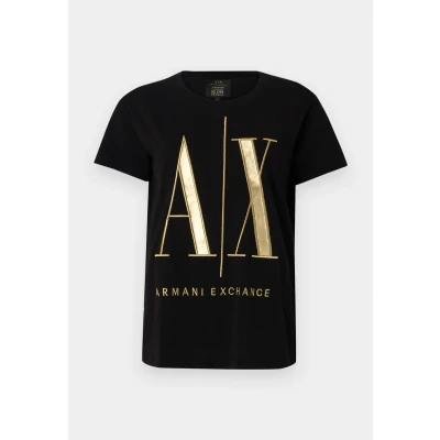 Imagen de Armani Exchange Icon, Corte Normal, Logotipo Bordado en Oro Maxi Camiseta, Negro, M para Mujer