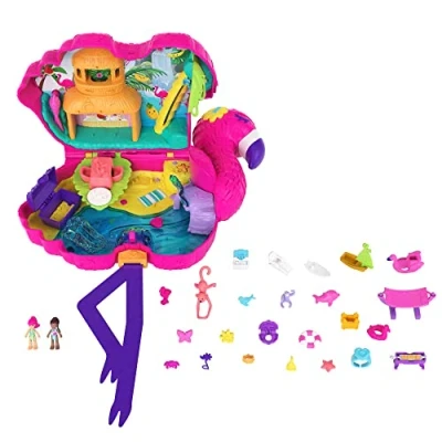 Imagen de Polly Pocket Party Flamingo Estuche de Juego Compacto con 26 sorpresas (Incluidas Las micromuñecas Margot y su Amiga), a Partir 4 años (Mattel HJN46)