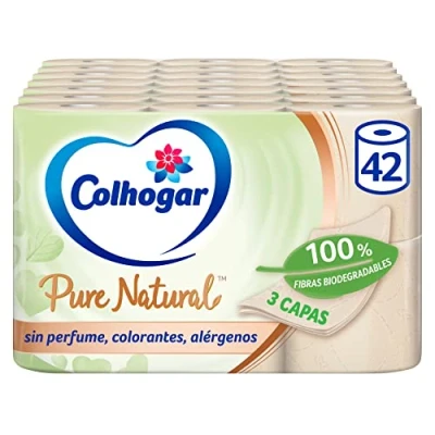 Imagen de Colhogar Pure Natural x42 Papel Higiénico Biodegradable Suave y Resistente de baño 3 Capas, Dermatológicamente Testado 42 Rollos, Color (7x6)