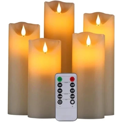 Imagen de HANZIM LED Velas sin Llama 4 &quot;5&quot; 6 &quot;7&quot; 8 &quot;9&quot; Juego de 5 Pilas Cera Real no plástico 10 Teclas con 2/4/6/8 Horas Función del Temporizador 300+ (Marfil)