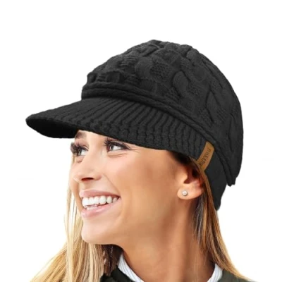 Imagen de Gorro de Invierno con Forro Polar Peluche R80 cálido Punto Cable Pico para Mujer