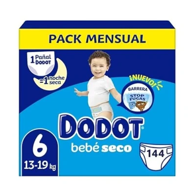 Imagen de Dodot Pañales Bebé Seco Talla 6 (13 19kg), 4x36, 144 con Protección Antifugas, Pack Mensual