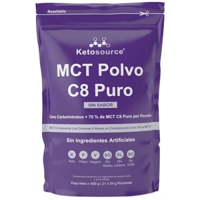 Imagen de MCT Polvo C8 Puro Aumenta Las Cetonas 4 Veces Frente A Otros 0 g De Carbohidratos Apoya Dieta Keto 70% Aceite Sin Sabor Y Bolsa 500g Exógenas Ketosource®
