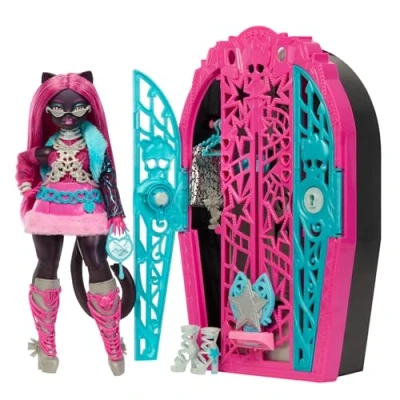 Imagen de Monster High Skulltimate Secrets Hauntlywood Mysteries Catty Noir Conjunto de muñeca y accesorios, con armario más 19 sorpresas mucho glamour, incluida ropa muñeca, JBG82