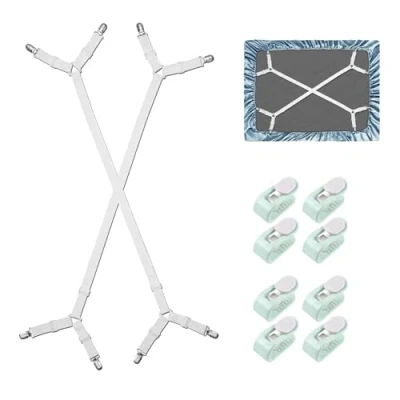 Imagen de tensor de sábanas ajustable, con 8 clips para funda edredón, 100 250 cm, triangular, elástico clip metal sin arrugas, colchón, tabla planchar (8 unidades)