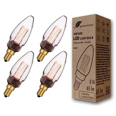 Imagen de greenandco 4x Bombilla LED regulable decorativa estilo vintage E14 C35 2,3W 65lm 1800K 320 230V, claro, sin parpadeo