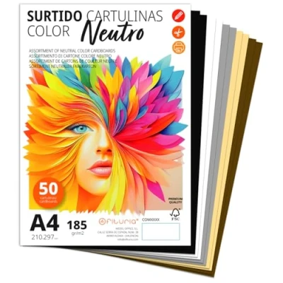 Imagen de Cartulina A4, Cartulinas de Colores, 185g/m2 para Manualidades, Educación, Hogar, Arte o Empresas, Colores A4 Surtidos Ofituria (50 Cartulinas, Surtido Neutro)