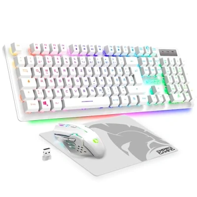 Imagen de Empire Gaming Armor RF800 Wireless Wiederaufladbar Tastatur und Maus Set QWERTZ (DE Layout) 2,4 G RGB Ergonomische 4800 DPI mit Mauspad PC PS4 PS5 Xbox One/Serie Mac