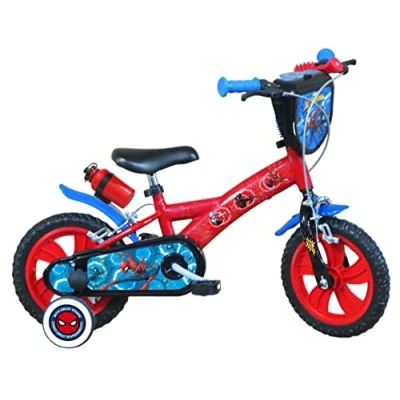 Imagen de ATLAS Bicicleta de 12 Pulgadas Spiderman Equipada con 2 Frenos, Placa Delantera Decorativa, Guardabarros, cárter y estabilizadores + bidón portabidón Trasero, Niños, Rojo/Azul, 12&#039;&#039;
