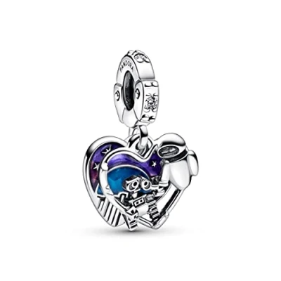 Imagen de Pandora Disney Colgante con corazones dobles diseño de Wall E y Eva, en plata ley circonitas cúbicas transparentes esmalte púrpura matizado a rosa azul que brilla la oscuridad