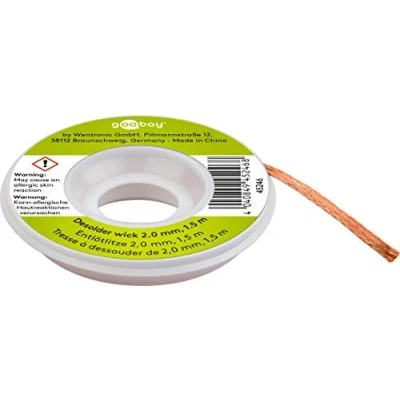 Imagen de Goobay 45246 Malla para desoldar cobre puro 2 mm/Eliminación de estaño/Trenza mecha soldadura/Mecha desoldar/Alambre soldar bobina 1,5 m