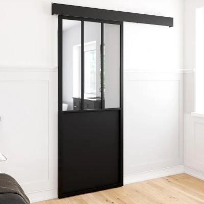 Imagen de Kit de puerta corredera cristal industrial en negro y templado