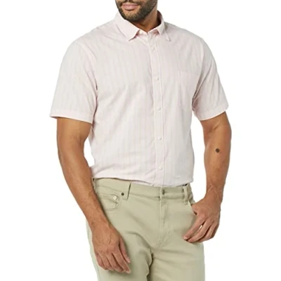 Imagen de Amazon Essentials Camisa de Popelín Manga Corta y Ajuste Entallado Hombre, Beige Rosa Doble Raya, XL