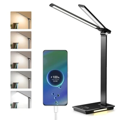 Imagen de LENDOO Schreibtischlampe, Double Schreibtischlampe Led Dimmbar 700 Lumen, 5 Helligkeitsstufen Dimmbar, Farbmodi,Usb Ladeanschluss &amp; Eingebaute 2000mah Batterie, für Kinder, Schlafzimmer, Lektüre