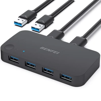 Imagen de BENFEI USB 3.0 Switch 4 Puertos, Conmutador KVM con 2 Entradas y Salidas para Compartir Teclado, Ratón, Disco Duro, Impresoras, Escáneres