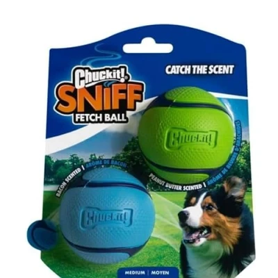 Imagen de Chuckit! Sniff Fetch Ball Duo 2 Pelotas de rastreo para Perros con Aroma a Bacon y Mantequilla Cacahuete Pelota Resistente núcleo Grueso Tamaño Mediano 6,5 cm diámetro