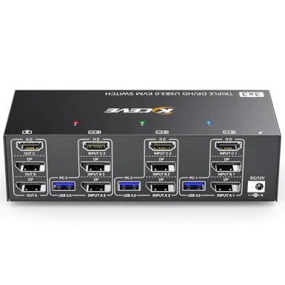 Imagen de Conmutador KVM 3 PC monitores 8K a 60Hz 4K 144Hz, CAMGEET HDMI+2 Displayport Switch triple monitor para ordenadores, comparte y 4 dispositivos USB 3.0, mando distancia con