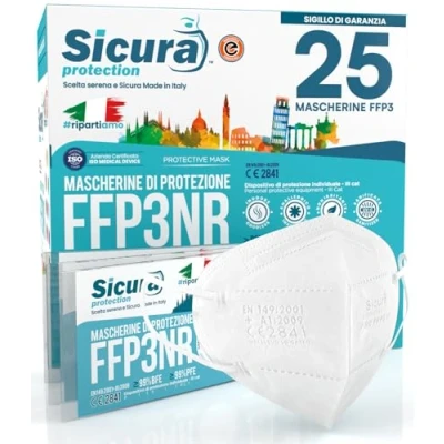 Imagen de 25 Máscarillas ffp3 Homologadas Certificadas CE fabricadas en Italia BFE ≥99% PFE SANITIZADA sellada individualmente