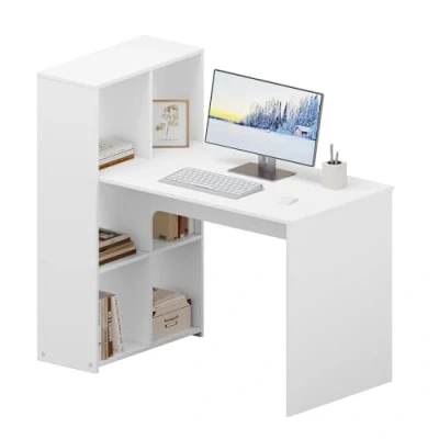 Imagen de eSituro Mesa Ordenador,120x60 cm, Escritorio Blanco con Estantes de Almacenaje, Estudio Reversible, Esquina para Oficina en Casa, Dormitorio
