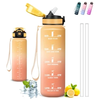 Imagen de Botella Agua, 1 litro, A Prueba de Fugas, Cantimplora con Pajita, Reutilizable, Water Bottle Eslogan Motivador, Fácil Limpiar, para la Fitness,Ciclismo, Acampada, Deportes