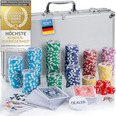 Imagen de GOODS+GADGETS maletín de póquer con 300 a 500 fichas baraja póquer, Cartas, Cartas Dados, botón del crupier; Aluminio Cerradura (Plata, Fichas)