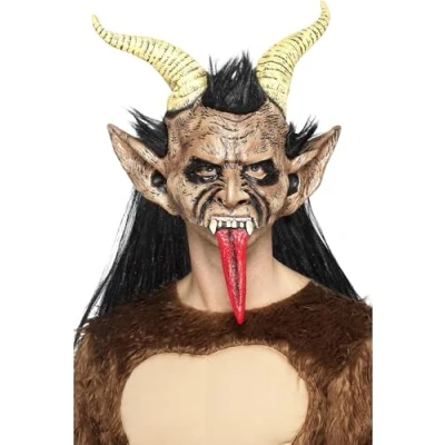 Imagen de Smiffys Máscara de demonio Navidad Krampus, marrón, látex, cubre la cabeza, con piel y cuernos