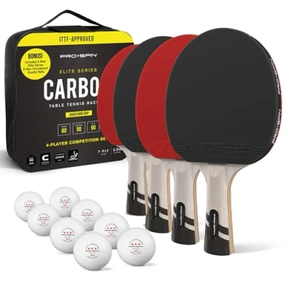 Imagen de PRO SPIN Raquetas de Ping Pong Tenis Mesa Carbono Serie Elite 7 Capas, Goma Premium, Esponja 2.0 mm y Funda Protectora