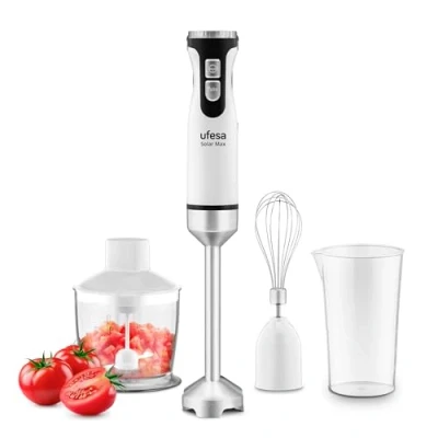 Imagen de Ufesa Solar Max Batidora de Mano, Potencia 1200W, 12 Velocidades + TURBO, 4 Cuchillas Acero Inoxidable, Diseño Ergonómico y Anti Salpicaduras, Accesorios Incluidos, Sin BPA