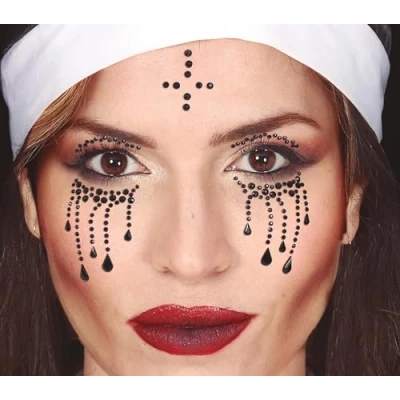 Imagen de Fiestas GUIRCA Joyas Faciales Adhesivas Monja para Adultos Ideal Disfraz de Halloween y Temáticas Accesorio Maquillaje Negro